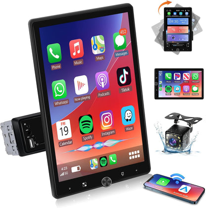 Autoradio 1 Din met draadloze Carplay Android auto, 10,4 inch touch draaibaar scherm autoradio Bluetooth, FM-radio, schakelspiegels, 2 USB, achteruitrijcamera
