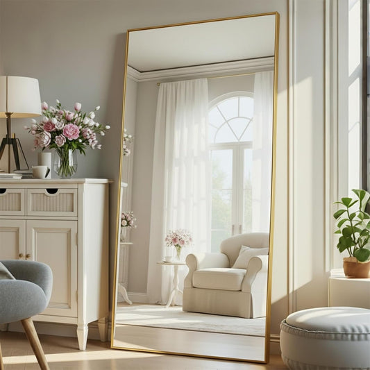 Staande spiegel, 180 x 80 cm, grote full-body spiegel, wandspiegel met goudkleurig metalen frame om tegen te leunen of op te hangen aan de muur, vloerspiegel voor slaapkamer, woonkamer en