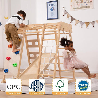 Giant bean Middelgroot formaat indoor speeltuin jungle gym voor 2-10 jaar, peuters, 9-in-1 met slide, Rock Climb Wall, Monkey Bars, Hout & Rope Ladder, Climbing Rope & Wall and Gymnastic Ring