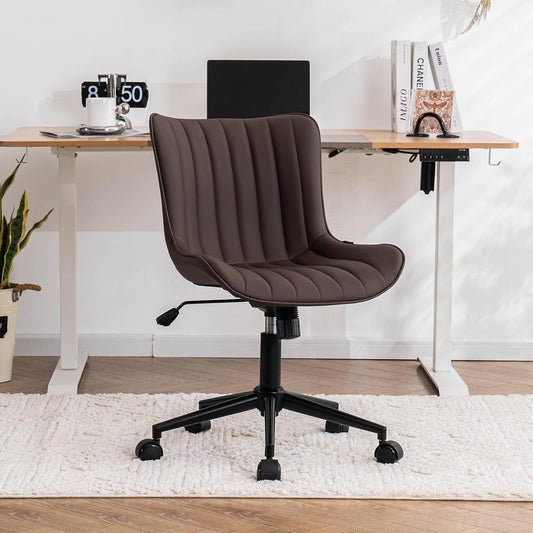 YOUTASTE Office Chair, Ergonomic Height Adjustable Chair with PU Leather and Wheels, Swivel Chair, Tilt Function, Computer Chair, Load Capacity 136 kg, Brown - QUORE