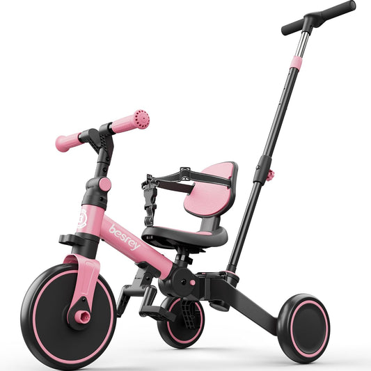 besrey Kinderfiets met oudergestuurde duwstang voor meisjes en jongens van 1-3 jaar, opvouwbare kinderdriewieler, driewieler met afneembare pedalen, in hoogte verstelbare zitting