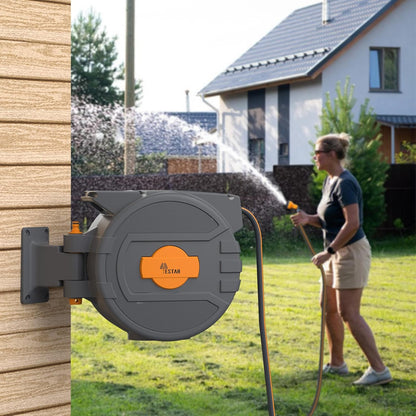 Slanghaspel, 25 m + 2 m, slanghaspel met oprolmechanisme, 180 graden draaibaar, wandslangbox met vergrendelingsstop en sproeikop met 7 patronen, voor tuinirrigatie en autowassen