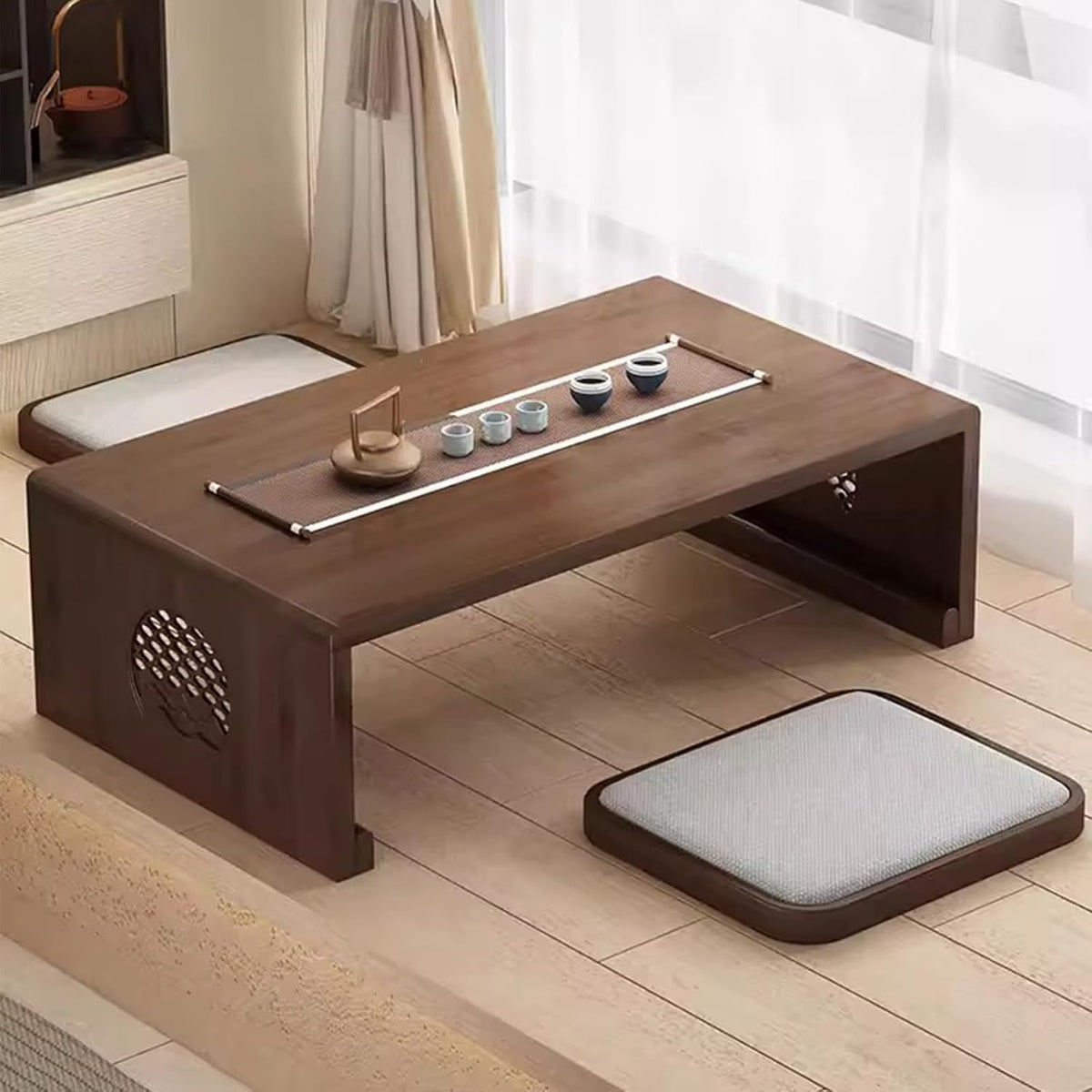 Bamboe Chinese Thee Vloertafel Japanse Opvouwbare Salontafel Altaartafel for Meditatie Lage Draagbare Opvouwbare Tatami Tafel for Woonkamer, Eetkamer, Woondecoratie (Walnoot, M)