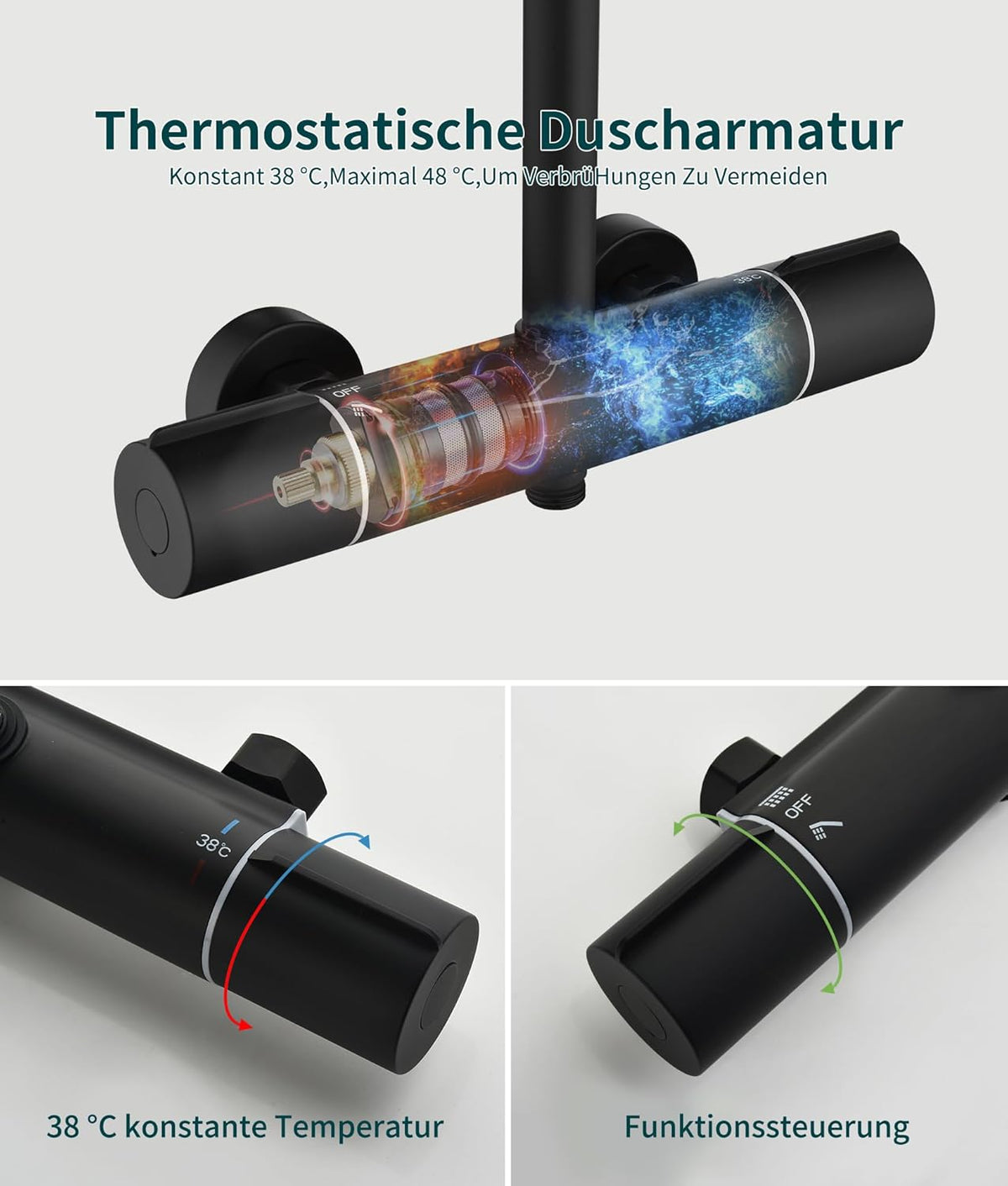 Thermostatisch Douche Systeem – Douche Set – Regendouche – Handdouche – Douchestang – Mat Zwart – Instelbare 38-48°C Temperatuur – 360° Draaibare Regendouche 30x20 cm