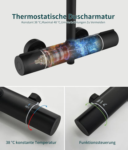 Thermostatisch Douche Systeem – Douche Set – Regendouche – Handdouche – Douchestang – Mat Zwart – Instelbare 38-48°C Temperatuur – 360° Draaibare Regendouche 30x20 cm