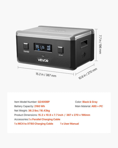 VEVOR Extra accu voor draagbaar stroomstation, extra 2160 Wh LifePO4-uitbreidingsaccu met 3 uitgangspoorten voor thuis, camping, reizen, camper, noodgevallen