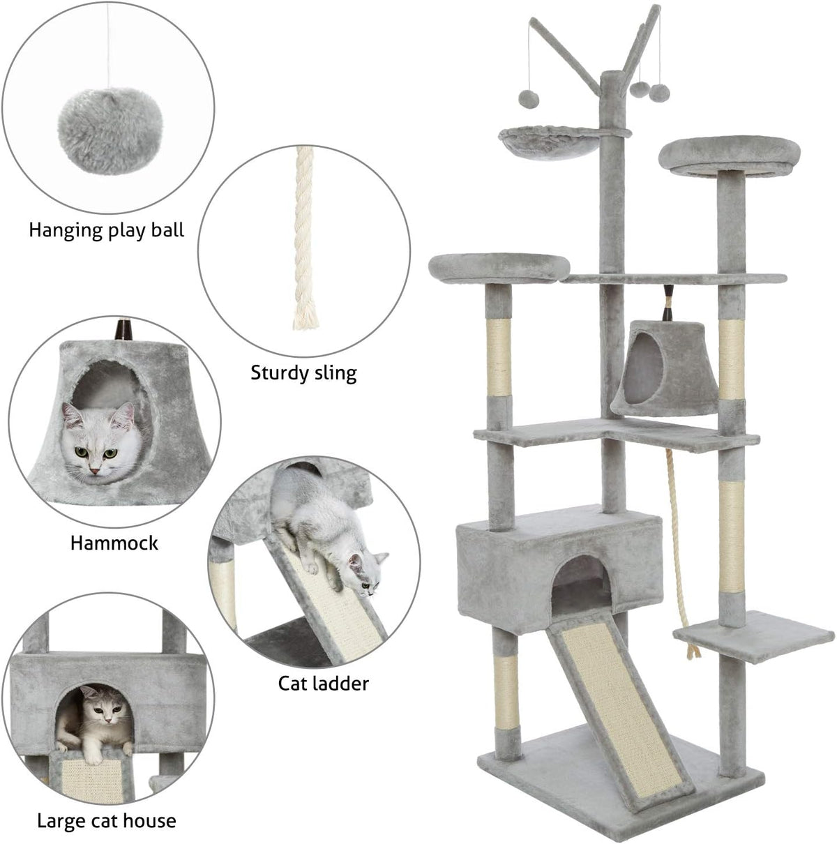 Kattenboom – Krabpaal – Kattenbomen – Kattenkrabberpost – Klimtoren – 210 cm Hoogte – Unieke Golvende Glijbaan – Stabiele Basis Met 6 Niveaus