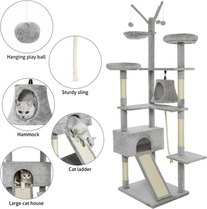 Kattenboom – Krabpaal – Kattenbomen – Kattenkrabberpost – Klimtoren – 210 cm Hoogte – Unieke Golvende Glijbaan – Stabiele Basis Met 6 Niveaus