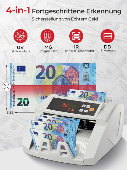 FOHERE Geldtelmachine, professionele geldteller met UV/MG/IR/DD vervalsingsherkenning, 1100 bankbiljetten/minuut, lcd-display, waarde- en batchmodus voor winkels, banken en restaurants