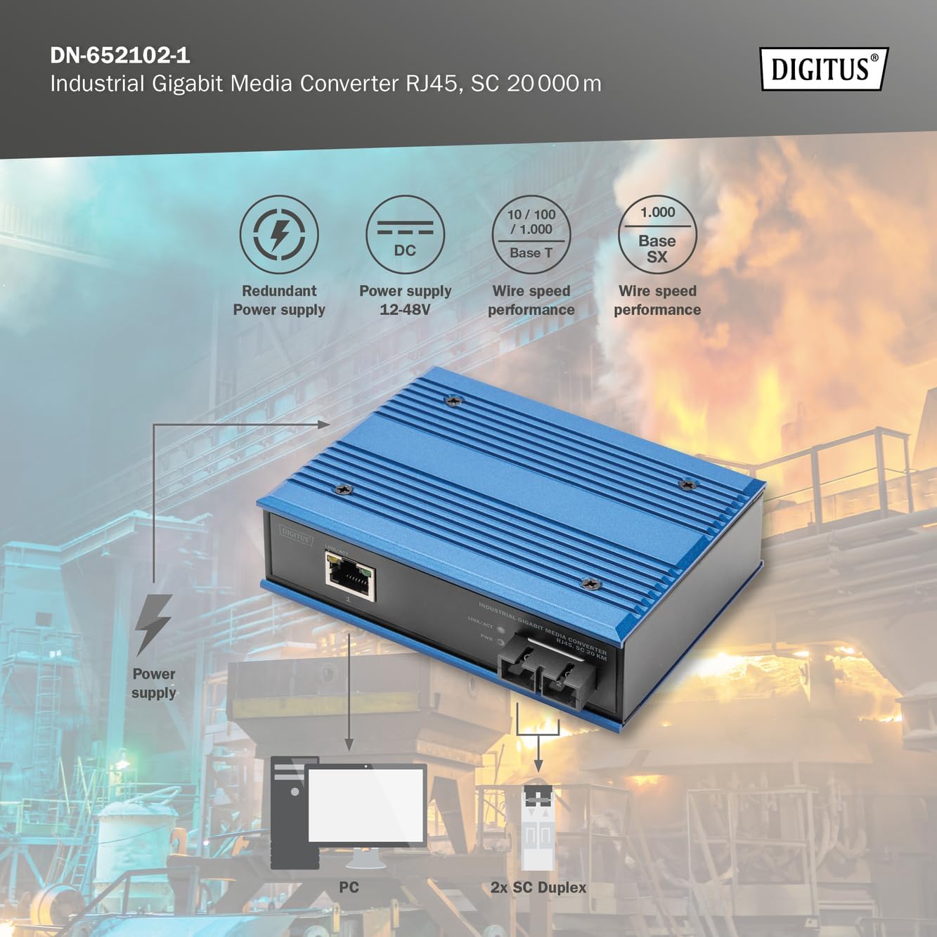 DIGITUS industriële Gigabit mediaconverter - 1x RJ45, 1x SC-Duplex 1310nm -Singlemode glasvezel - 20 km bereik - 10/100/1000 Mbps - DIN rail montage - zwart/blauw