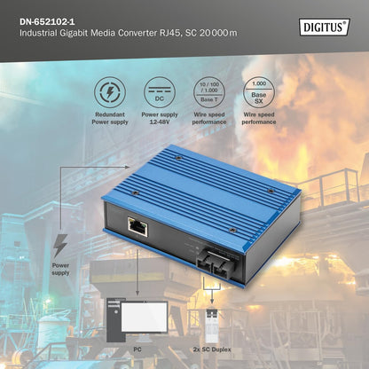 DIGITUS industriële Gigabit mediaconverter - 1x RJ45, 1x SC-Duplex 1310nm -Singlemode glasvezel - 20 km bereik - 10/100/1000 Mbps - DIN rail montage - zwart/blauw