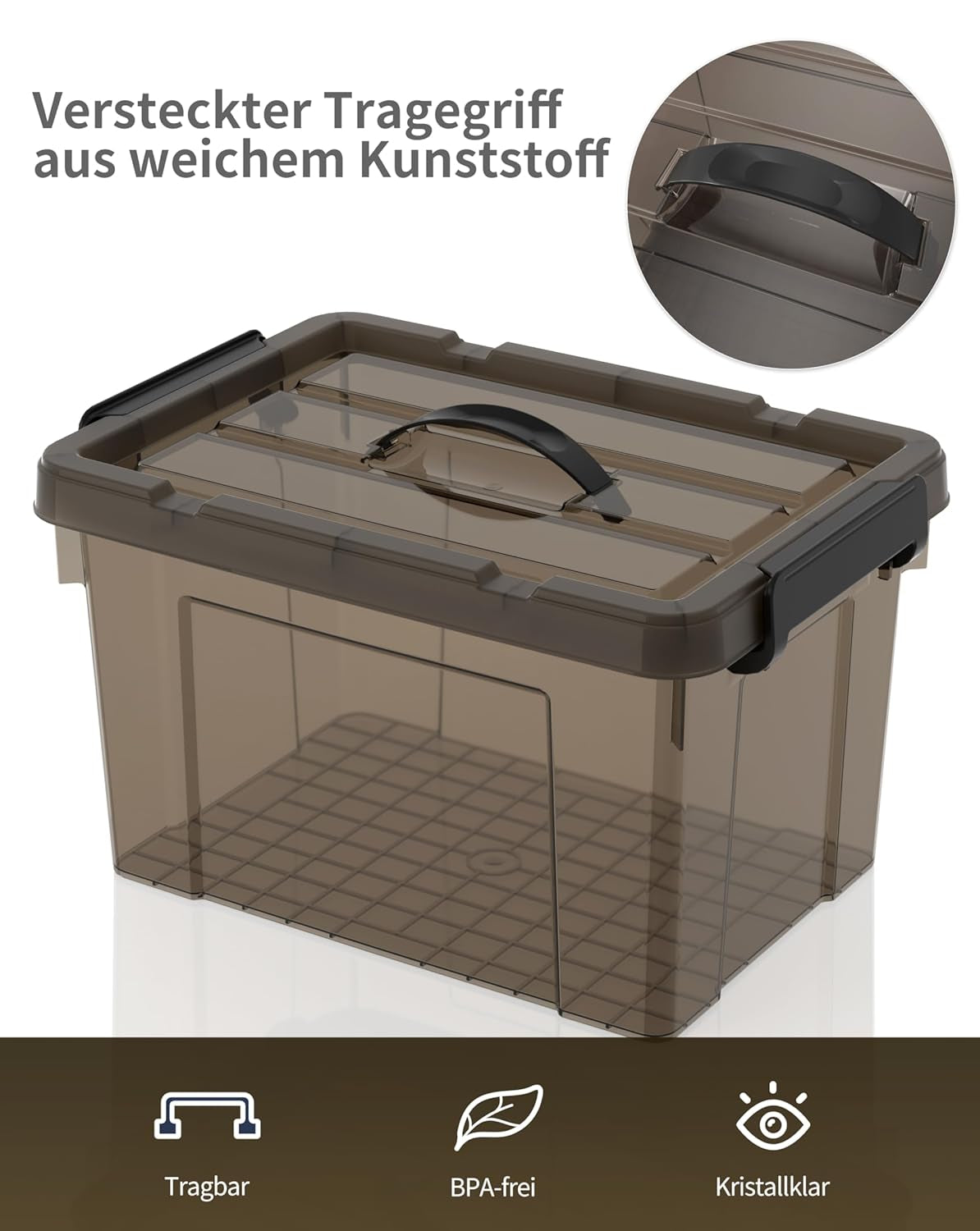 Opbergdozen, opbergdozen, draagbare kunststof dozen met handvat, stapelbare organisatiedozen voor slaapkamer, kantoor, school, transparant zwart, 90 l (set van 6)