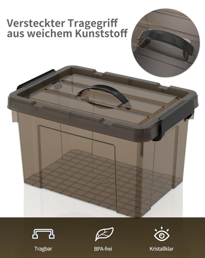 Opbergdozen, opbergdozen, draagbare kunststof dozen met handvat, stapelbare organisatiedozen voor slaapkamer, kantoor, school, transparant zwart, 90 l (set van 6)