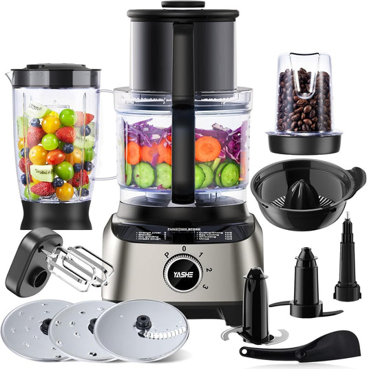 YASHE Multifunctionele keukenmachine, 11-in-1 blender, blender, hakmolen, sapcentrifuge en deegmachine met 2,5 l kom en 1,5 l mengbeker, 1300 W, 3 snelheden, pulsfunctie, veiligheidsvergrendeling