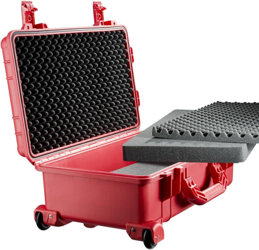 Mantona Outdoor beschermende trolley rood - waterdicht, schokbestendig, stofdicht en stapelbaar voor waardevolle wollen apparatuur, incl. op maat te snijden schuimrubberen inzetstukken, trolleygreep
