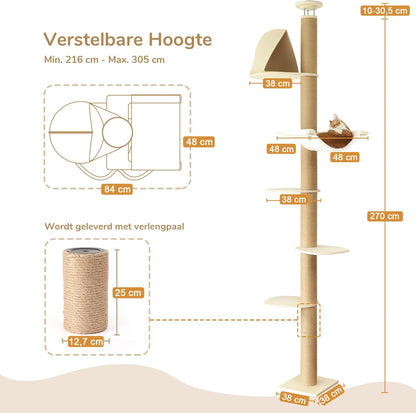 Klimboom Kat – Krabpaal – Speelton – Kattenboom – Krabmeubel – Verstelbare Hoogte 1,8-3 m – Superstabiel Tot 65 kg – Beige