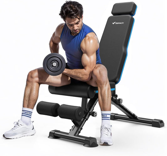 MERACH Halterbank, inklapbaar, belastbaar tot 450 kg, met verlengde hoofdsteun, 72-voudig verstelbare schuine bank, multifunctionele trainingsbank voor full-body workout thuis