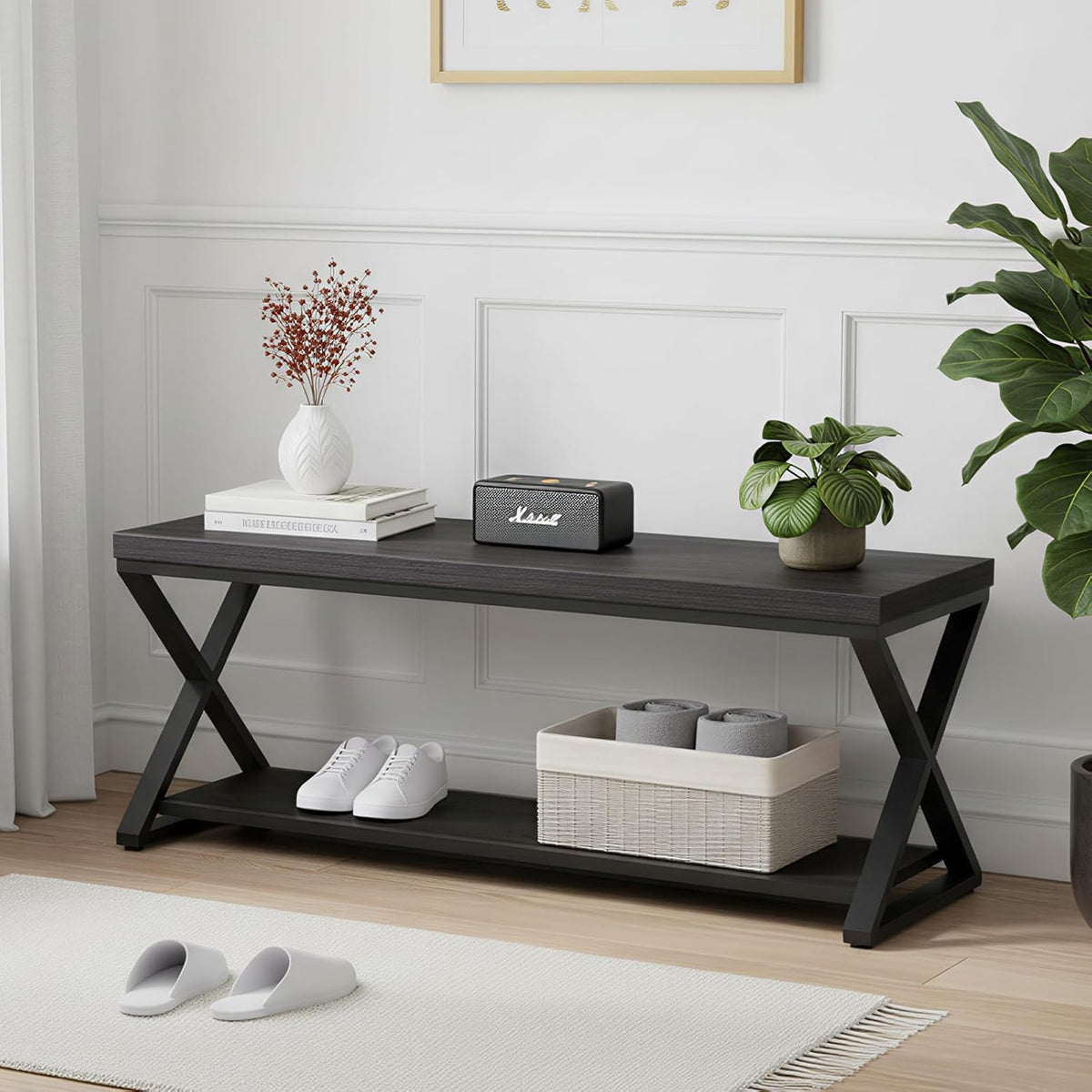 IBF Zwarte bank, moderne instapbank voor slaapkamer, houten metalen opslag halbanken voor eetkamer woonkamer, moderne schoenenrek indoor accenten zitbanken voor de ingang van de foyer, zwart eiken