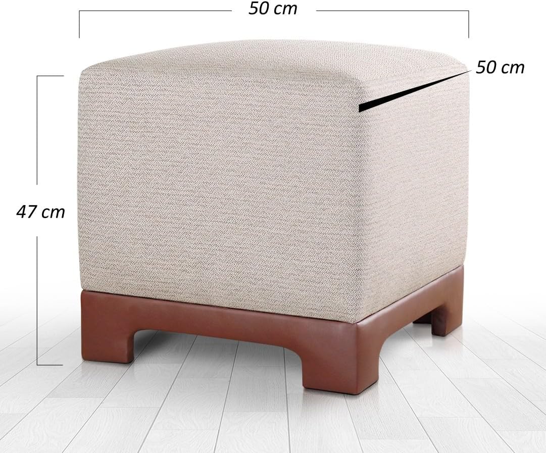 Stijlvolle Tan Poef, 50 x 50 x 47 cm, 50% katoen en 50% linnen, 35 DNS orthopedische spons, 6 cm dik, kunstleren legs, modern en comfortabel zitten