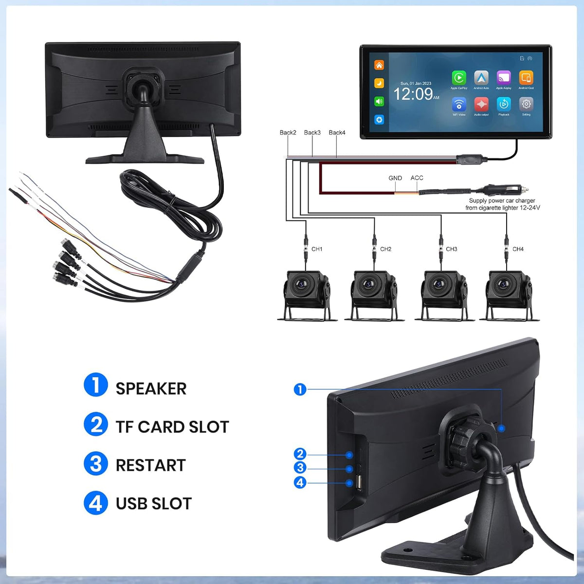Hodozzy 4k Rear View Camera Set With 4 Ahd Rear Camera Cable, Wireless Carplay Android Auto, 10.36 Inch Touch Screen 4 Split Monitor, Bluetooth, Airplay FM Loop Recording USB/TF, Carplay Screen - QUORE