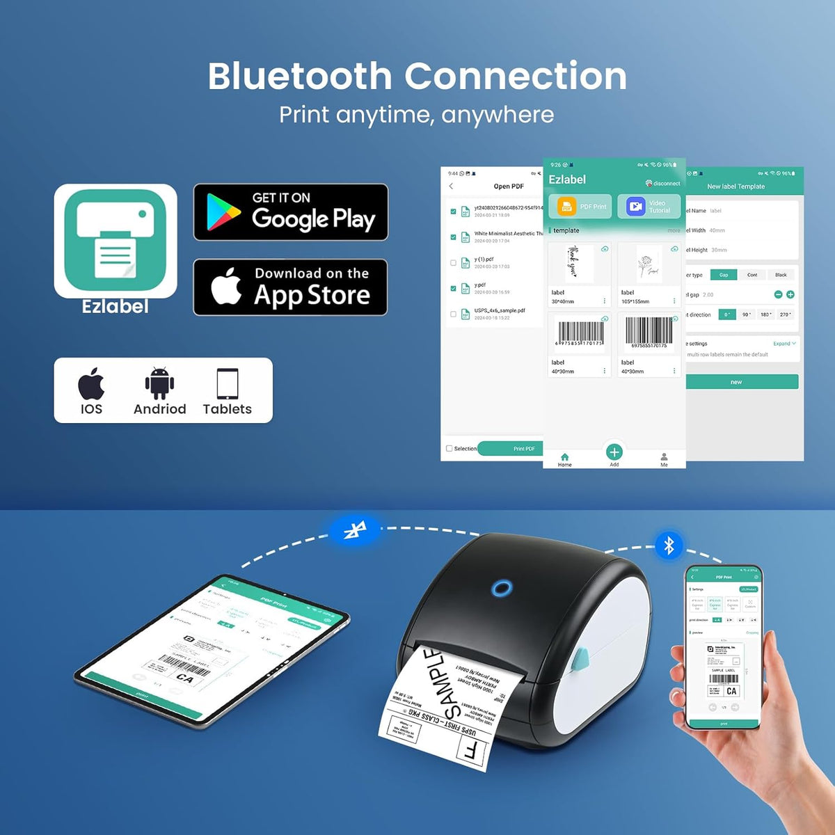 Bluetooth-labelprinter, DHL-labelprinter, verzendlabelprinter voor barcode-verzendlabels, DB403 thermische printer 4x6, compatibel met Esty, Royal Mail, DHL, Fedex, USPS