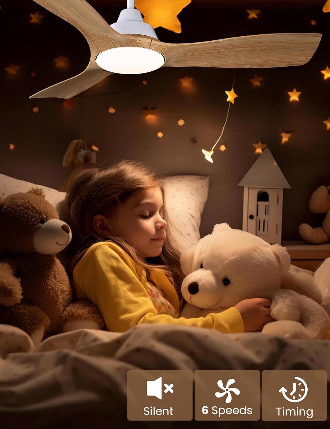 CJOY Plafondventilator met verlichting en afstandsbediening, plafondlamp, 106 cm, 3 bladen van ABS-hout, DC, omkeerbaar, stil, driekleurig, temperatuurled, dimbaar, 6 snelheden voor slaapkamer