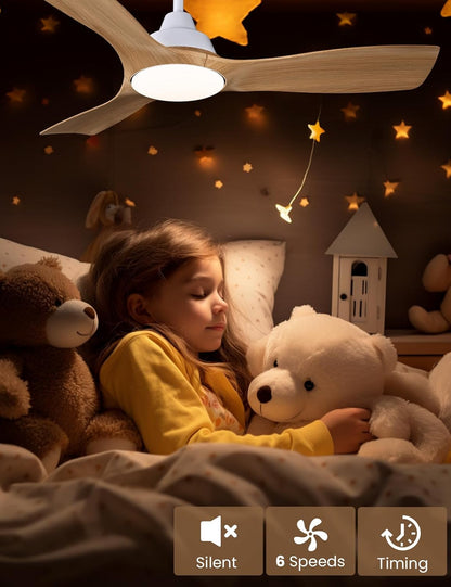 CJOY Plafondventilator met verlichting en afstandsbediening, plafondlamp, 106 cm, 3 bladen van ABS-hout, DC, omkeerbaar, stil, driekleurig, temperatuurled, dimbaar, 6 snelheden voor slaapkamer