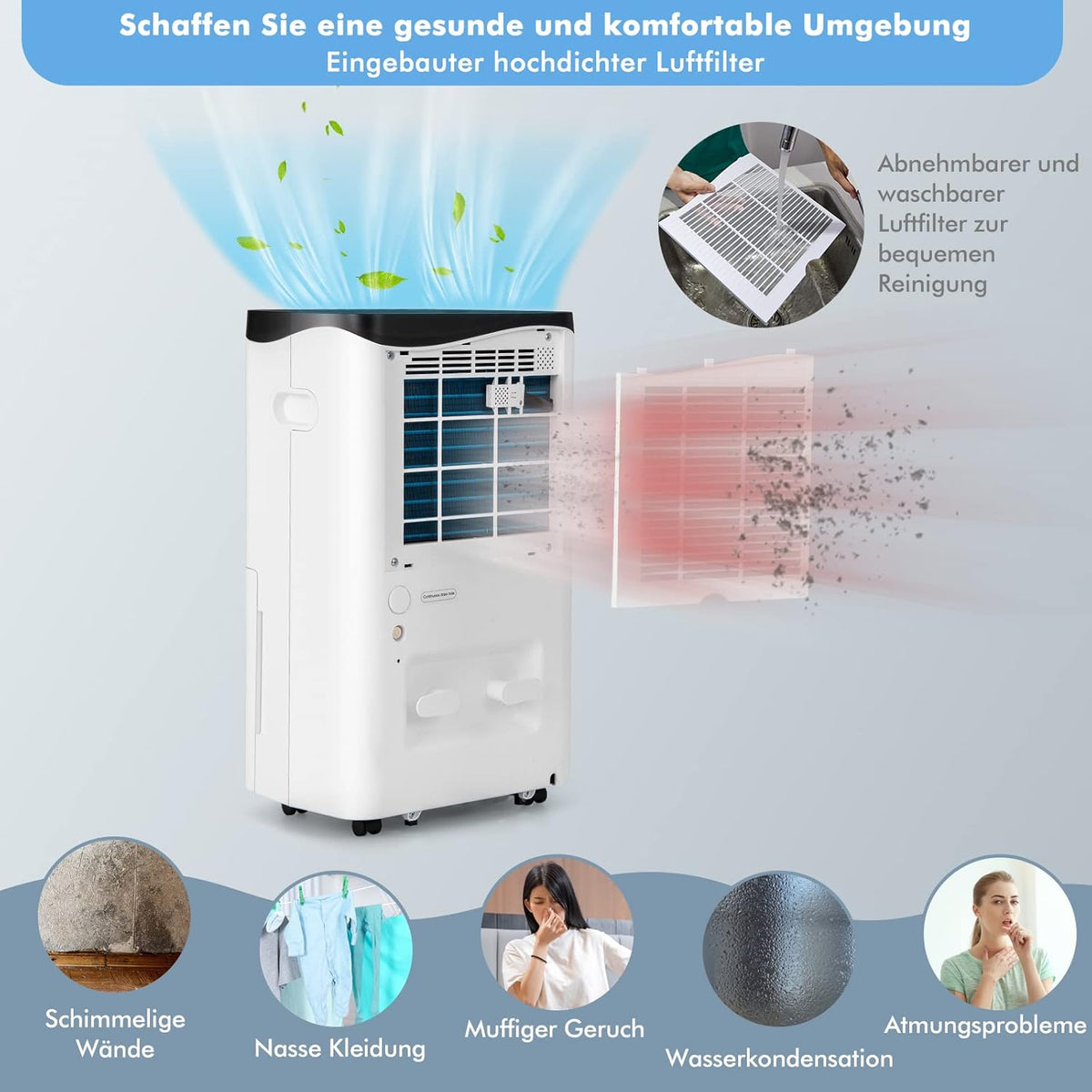FANTASK 4 modi bouwdroger 50 l/dag met 24-uurs timer, slimme luchtontvochtiger met led-aansoog en ventilator, 5 l waterreservoir en afvoerslang