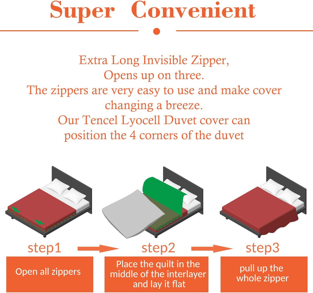 Duvet Cover Set, 3 Sided Zipper, 100% Cotton Duvet Cover 3 Pieces with one Duvet Cover,Two Pillowcase, Triple-Zip System for Simple Changing (King (U.S. Standard))