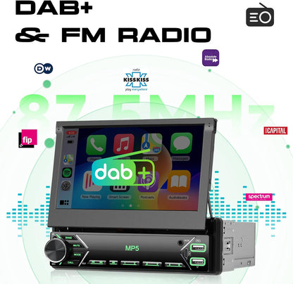 Hodozzy DAB Car Radio 1 Din with 7 Inch Screen Extendable 1 Din Flip Out Touch Screen Car Radio with CarPlay Wireless Android Car Bluetooth EQ FM Radio USB Type C SWC + Rear View Camera - QUORE