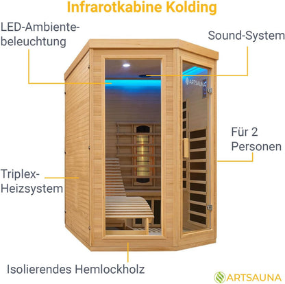 Artsauna Infrared Cabin with Triplex Heating System and Sun Lounger for 2 Persons, 130 x 190 cm, Infrared Heat Cabin - QUORE