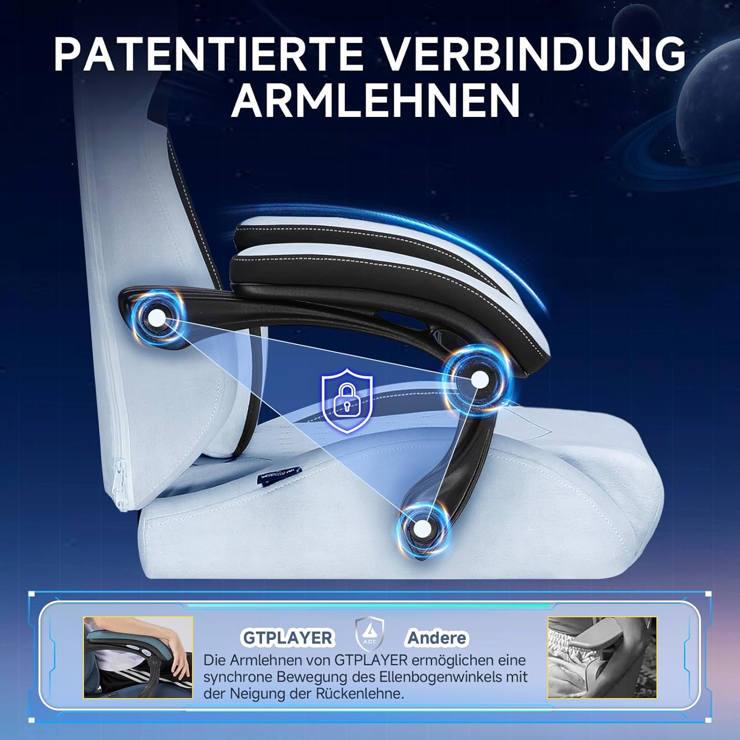 GTPLAYER Gaming Chair, Ergonomic Gamer Chair Made of High Quality Flannel with Lumbar Support, PC Chair with Widened Backrest, Maximum Load 150 kg, Light Blue - QUORE