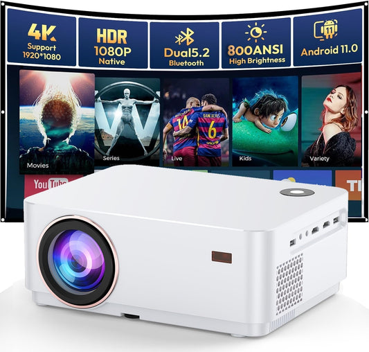 WiFi Bluetooth beamer, 4K, Android OS-projector, Native 1080P met autofocus, 800 ANSI lumen, mini-projector voor thuisbioscoop, outdoor, tuin, woonkamer, 9000+ apps, HDMI USB (wit)