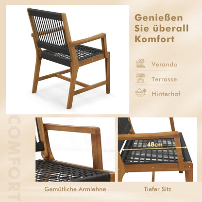 FANTASK Terrasstoelen van acaciahout met vlechtwerk, set van 2 balkonstoelen en tuinstoelen met rugleuning en armleuning, voor tuin, terras en balkon, draagvermogen 160 kg