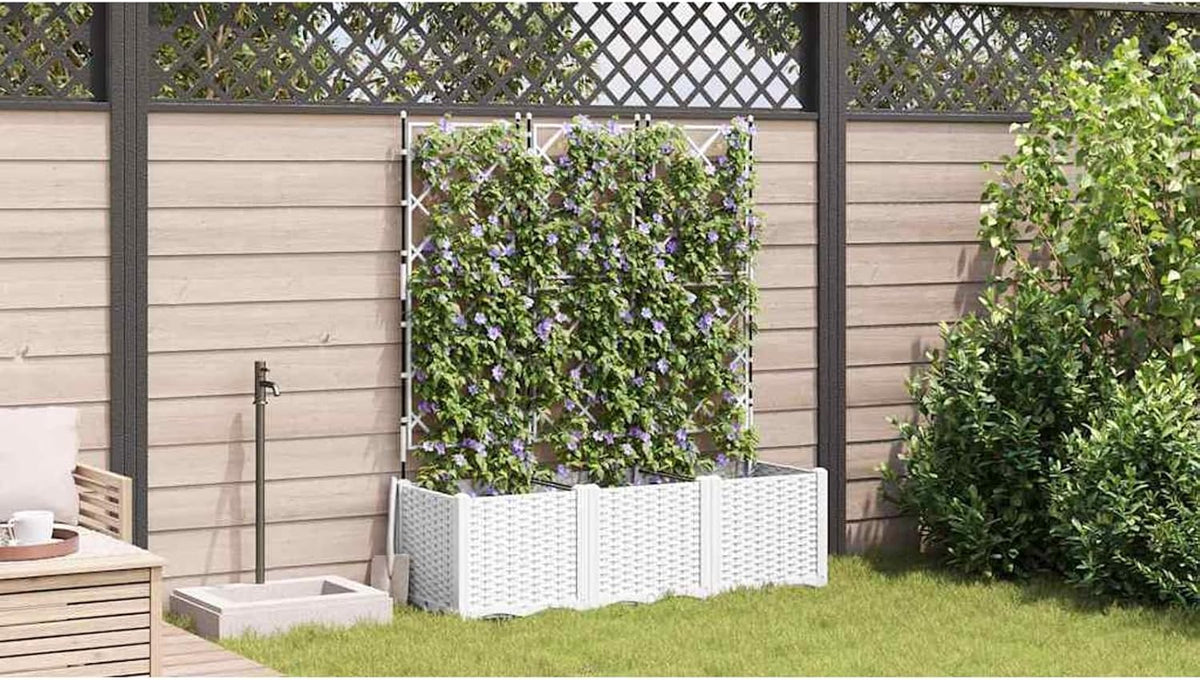Gecheer Trellis 42002908 Tuinplantenbak, 3 stuks, wit, 120 x 40 x 143 cm, bloembak, bloembak, bloempot, voor balkon, tuin, terras, bloemen - QUORE