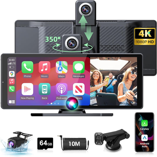 350° draaibaar: Carplay display, Android autodisplay met 4K dashcam, auto voor en achter, 10,26 inch touchscreen, draagbaar Driveplay-scherm, dual bluetooth, mirror Link, 64G TF-kaart