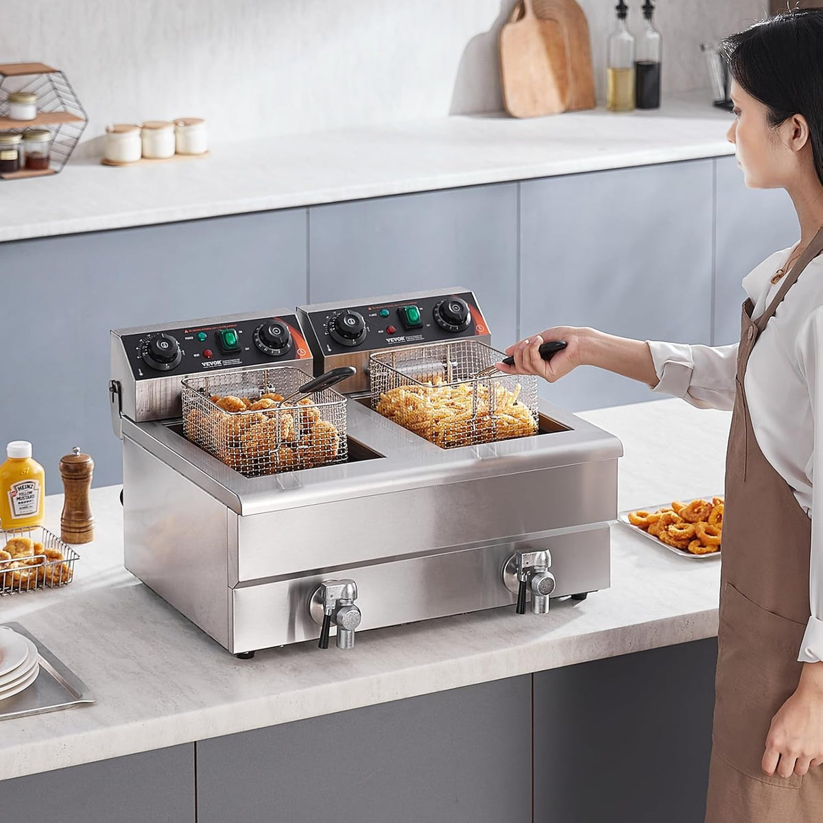 VEVOR Commerciële elektrische friteuse, 2 tanks van 12 l, 6000 W, oliefriteuse, roestvrij staal, met 2 frituurmanden, temperatuur en tijd, verstelbaar, 50-200 °C, voor uienringen, kip, gebakken