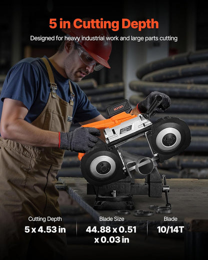 VEVOR 20 V accu-bandzaag, 127 x 115 mm zaagdiepte, metalen bandzaag met borstelloze motor, 4000 mAh-accu en oplader, 0-120 m/min variabel toerental, voor het zagen van metaal en hout
