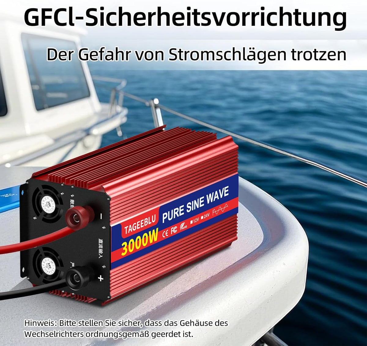 3000W zuivere sinusomvormer DC 24V naar AC 230V spanningsomvormer, omvormer voor voertuigen met krokodillenklem, 2 AC stopcontacten en LCD scherm