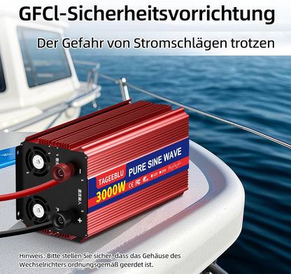 3000W zuivere sinusomvormer DC 24V naar AC 230V spanningsomvormer, omvormer voor voertuigen met krokodillenklem, 2 AC stopcontacten en LCD scherm