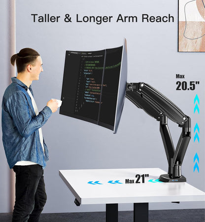 HUANUO PC-monitorstandaard 2 schermen ultra-breed van 15 tot 35 inch, arm voor pc-monitor met gasveer met USB-kabel, volledig bewegende pc-monitorarm tot 12 kg