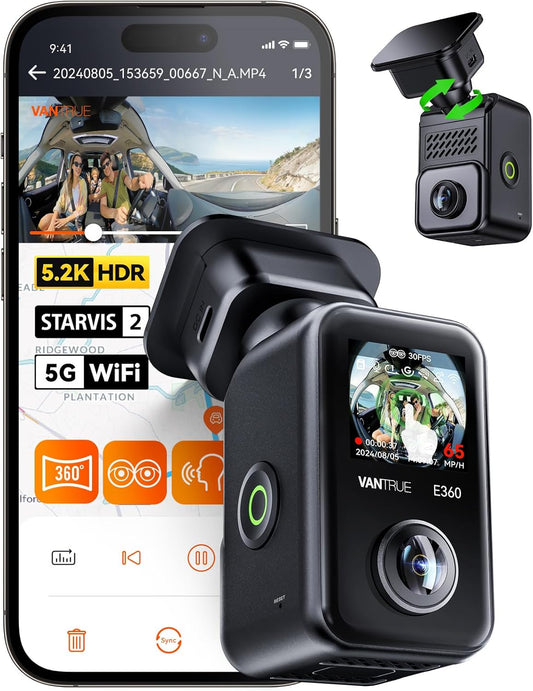 VANTRUE E360 tweekanaals 5.2K panoramische rijrecorder auto achter WiFi, dubbel STARVIS 2 HDR nachtzicht, GPS, bufferparkeermodus, maximaal 512 GB