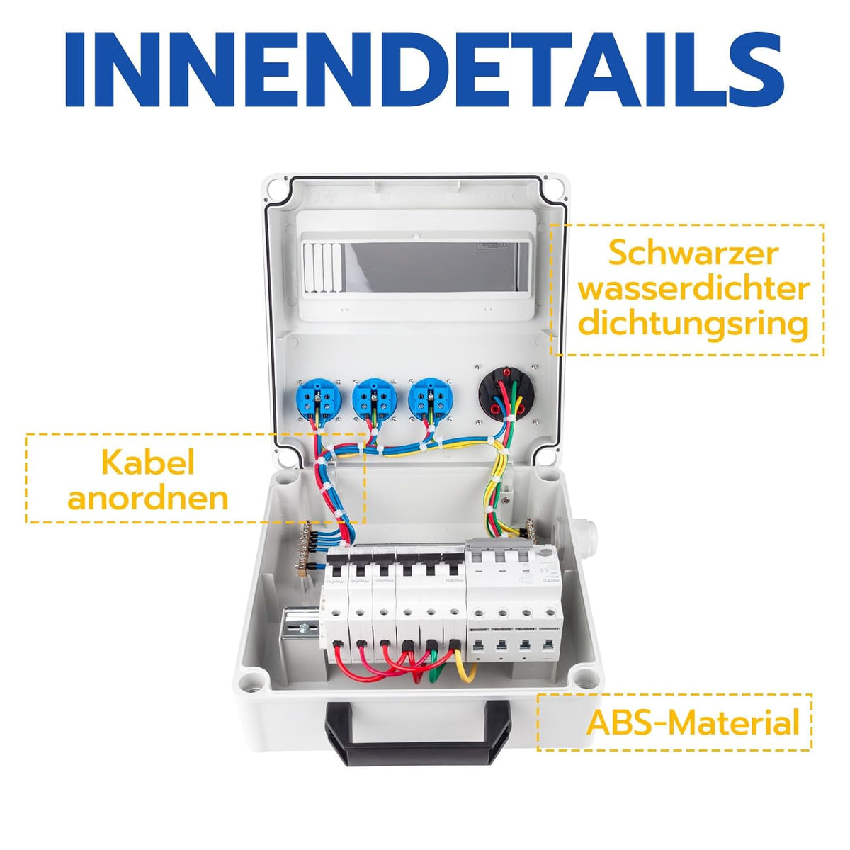 Bouwstroomverdeler met wifi-schakelaar type A, 40 A, 30 mA RCBO wandverdeler met CEE-stopcontact, 16 A, waterdicht, met handgreep voor verdeelkast (3 x 16 A 1P LS+1 x 16 A, 3P LS+ FI/LS met