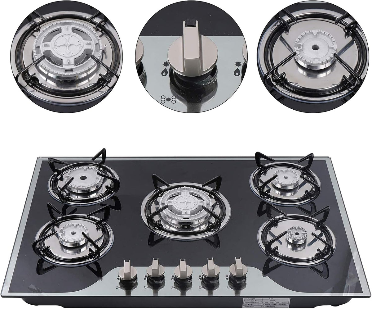 5 Burner Gas Hob Cast Iron Hob Lpg Ng Hob + Stainless Steel Water Bowl Kitchen Appliance Tempered Glass Top Built in for a Variety of Kitchen Cooks Automatic Pulse Ignition - QUORE