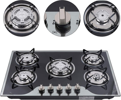 5 Burner Gas Hob Cast Iron Hob Lpg Ng Hob + Stainless Steel Water Bowl Kitchen Appliance Tempered Glass Top Built in for a Variety of Kitchen Cooks Automatic Pulse Ignition - QUORE