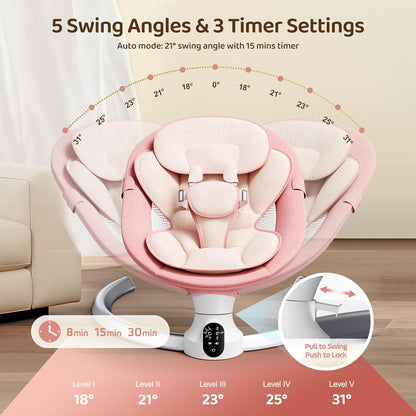 Electric Baby Rocker 0-9 kg Swing with Remote Control and Bluetooth, 5 Swing Widths and 5-Point Safety Belt, Insect Net (Pink) - QUORE