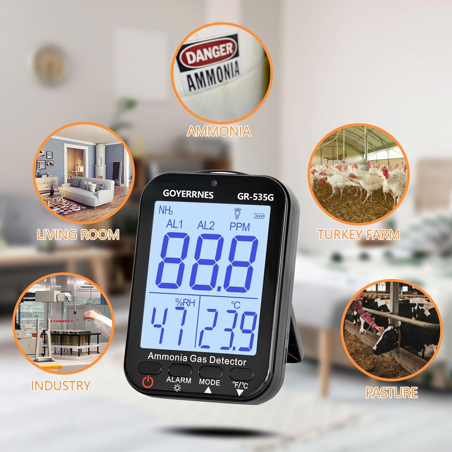 Ammoniak gasdetector 535G NH3 gasdetector continue bewaking sensor meetbereik 0-100 ppm alarm LCD-display achtergrondverlichting functie temperatuur luchtvochtigheid oplaadbaar