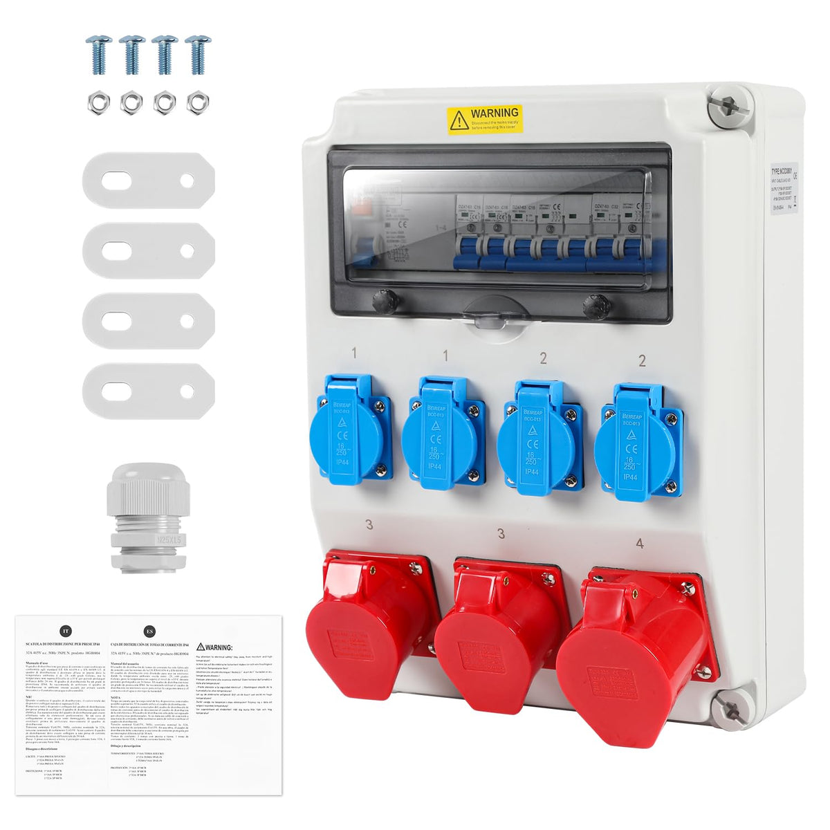 Verdeler voor bouwplaatsen, wandverdeler, 1 x 32 A, 2 x 16 A, 4 x 230 V met LS+FI met veiligheidsschakelaar, wandverdeler met RCCB, CEE stopcontact 16/32 A, voor bouwplaatsen