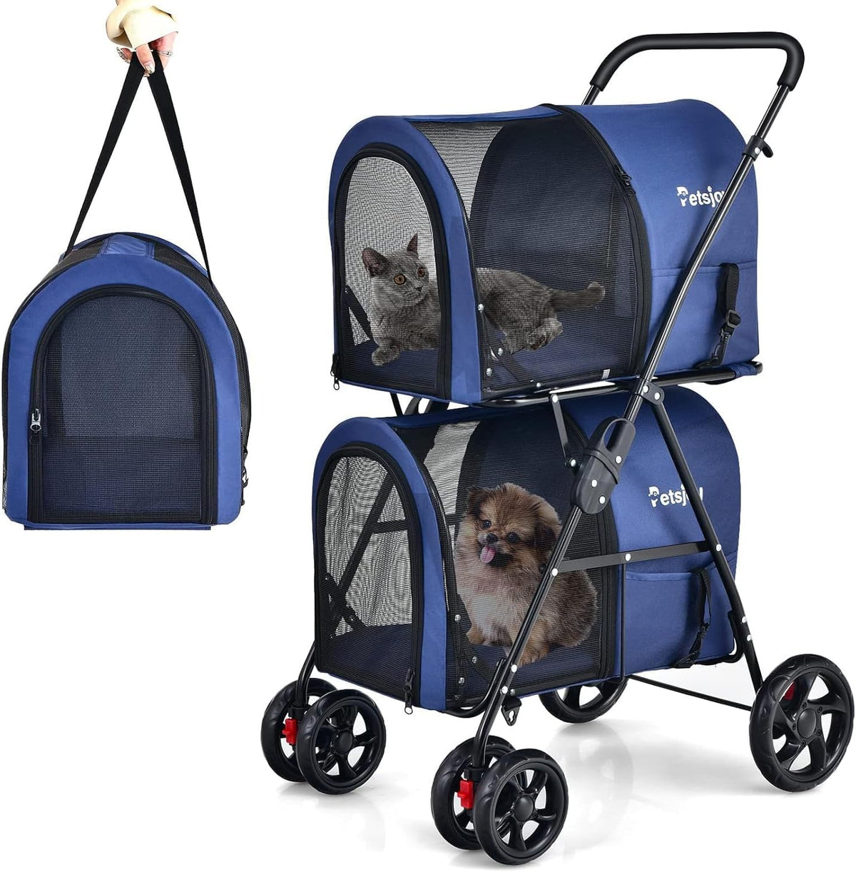 FANTASK Hondenwagen met 2 etages, met netvensters en bekerhouders, huisdierbuggy tot 16 kg, kattenbuggy voor 2 kleine honden en katten, hondenbuggy en aanhanger, blauw