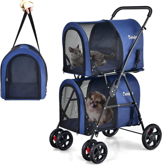 FANTASK Hondenwagen met 2 etages, met netvensters en bekerhouders, huisdierbuggy tot 16 kg, kattenbuggy voor 2 kleine honden en katten, hondenbuggy en aanhanger, blauw